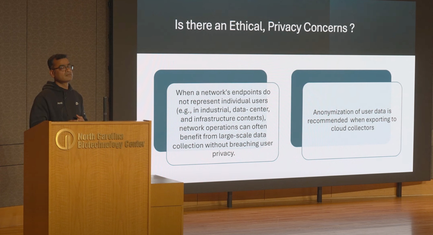 Amit Singh presenting ethical and privacy considerations in network data collection at an ISSA talk